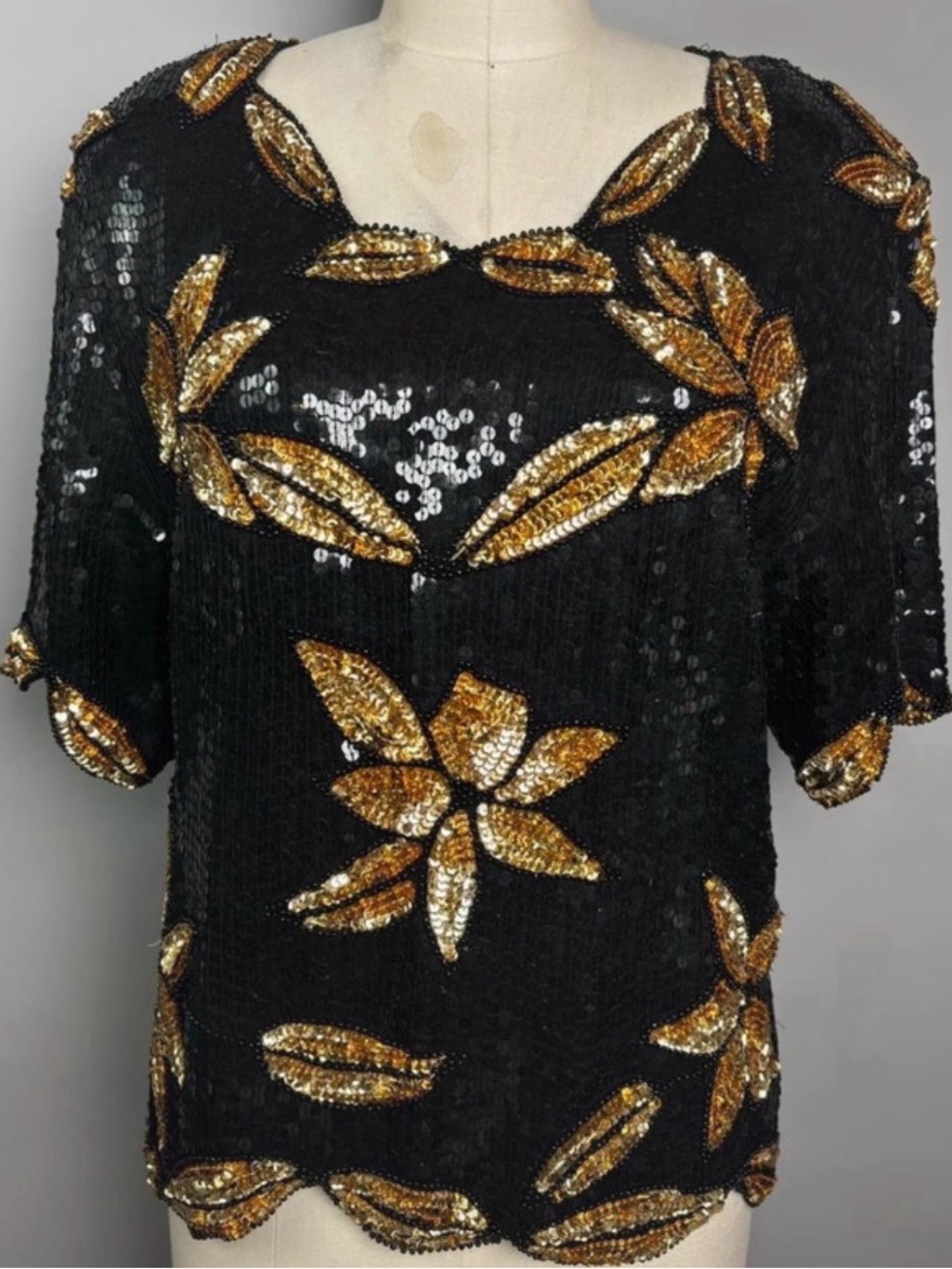 Vintage Black Gold Sequin Silk Blouse Top